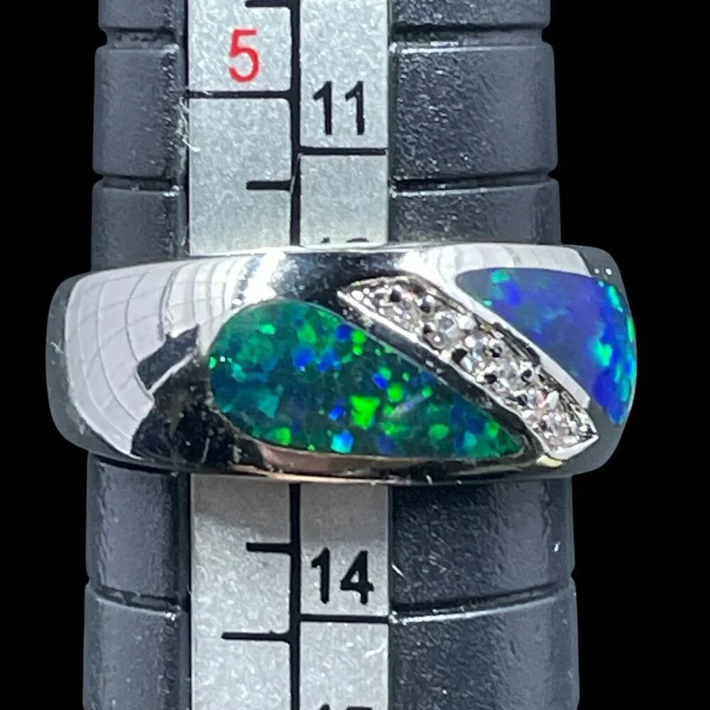 Lia Sophia Blue Green Inlay Ring Silver Tone Crystal Accent Modern Statement Chi